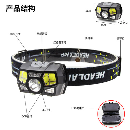 New USB rechargeable bright LED waterproof induction headlight running headlight automatic induction charging fishing light
