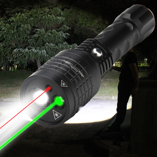 Trifunctional Strong Beam Flashlight with Zoom, Outdoor Use, Green and White Infrared Triple-LED Laser Light, Two-in-One
