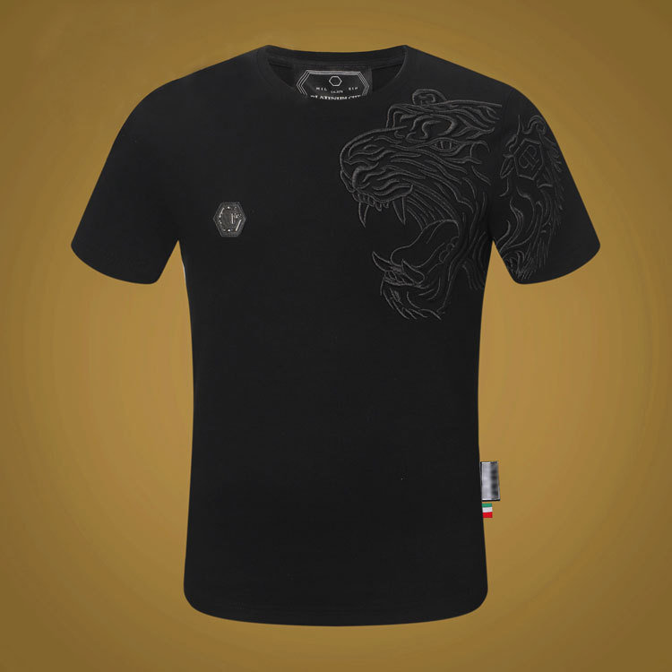 Europeo y americano PP moda marca Philip plann moda manga corta dragón exquisito bordado verano Camiseta cuello redondo Rhinestone