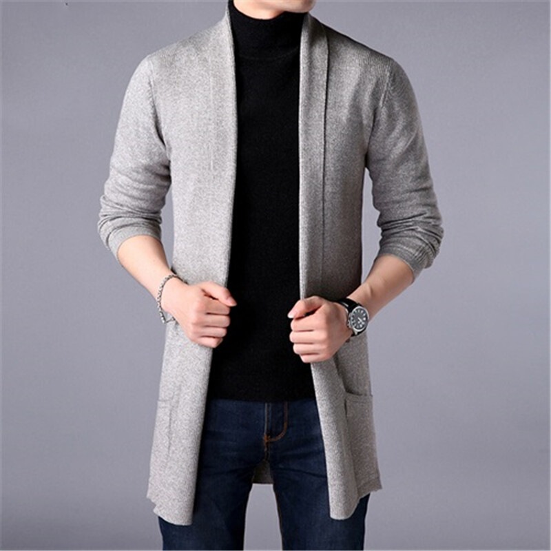 2026 Spring and Autumn New Cross-Border Long Knitted Cardigan for Men, Fashionable Casual Pocket Men's Sweater Jacket