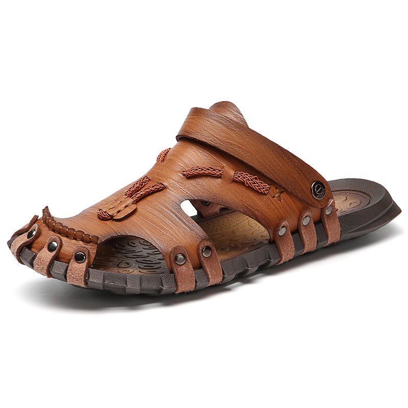 Men's Closed Toe Sandals Handmade Leather Beach Vacation Shoes_voghion.com