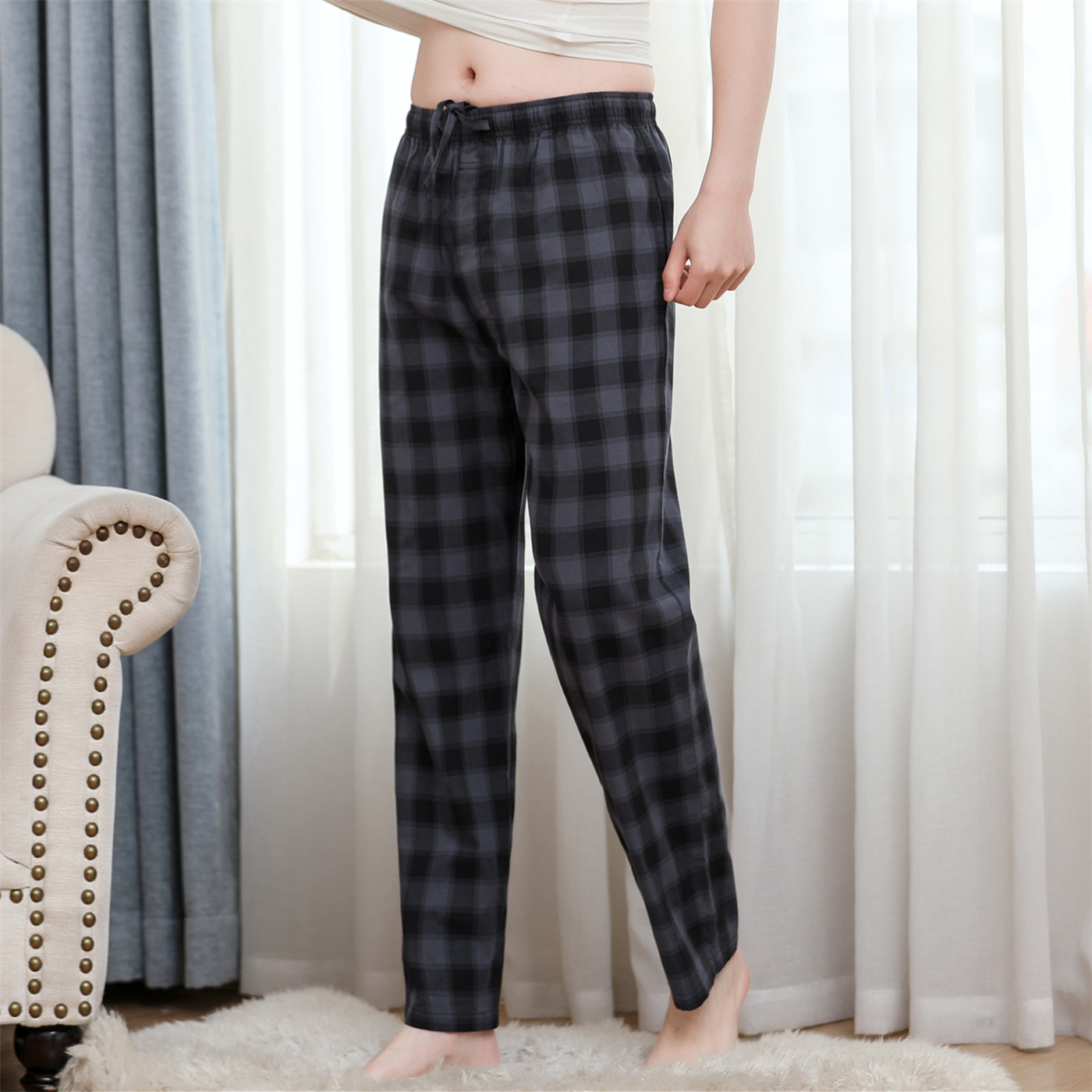 Pantalones de pijama delgados de primavera y verano para hombres Algodón puro más tamaño suelto cómodo aire acondicionado transpirable pantalones para el hogar Comercio exterior nuevo Amazon