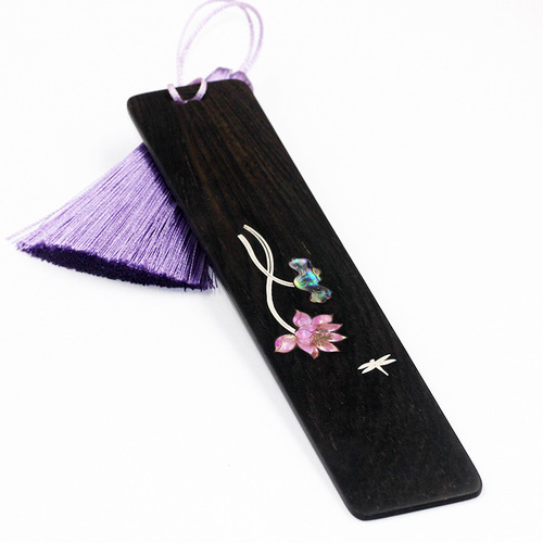 Black sandalwood inlaid with silver dragonfly bookmark purple sandalwood inlaid with colored shells Chinese style lotus plum blossom cultural and creative gift pendant