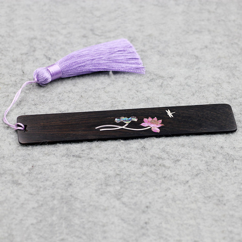 Black sandalwood inlaid with silver dragonfly bookmark purple sandalwood inlaid with colored shells Chinese style lotus plum blossom cultural and creative gift pendant