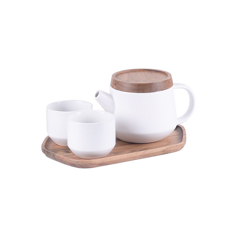 Regalo de alta gama Nordic creativo exquisita cubierta de madera perfumado té cerámica juego caja de regalo con bandeja de madera una olla dos tazas