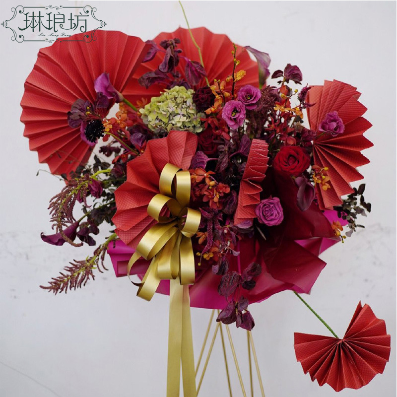 Canasta de flores ventilador plegable ventilador de papel decoración de la habitación de flores ventilador plegable de papel de maní día fiesta de fondo colgante de pared vestido floral material auxiliar