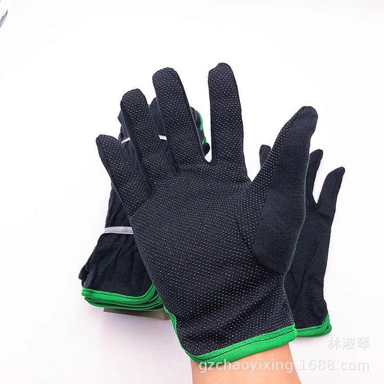 厂家直销纯棉黑色点胶作业手套加厚劳保防滑手套手感好防滑防静电