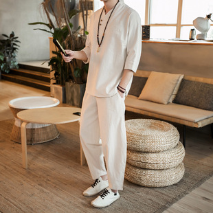 Chinese Style Men's Clothing Buddha Style Linen Suit Zen Clothing Tea Clothing Husband Clothing Ancient Costume Tang Suit Retro Style Cotton and Linen Han Suit Summer