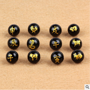 Natural black agate bronzing Zodiac beads twelve Zodiac lettering semi-finished DIY jewelry with beads manufacturers wholesale