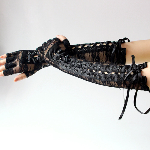 Wholesale European and American sexy lace strap gloves long half-finger rivet nightclub dance queen adult gloves