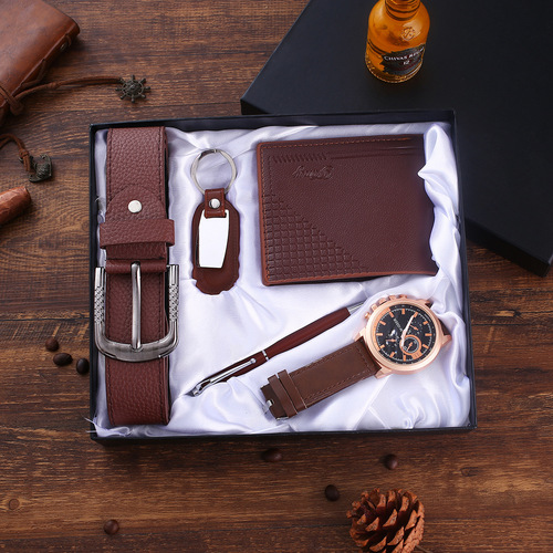 5pcs/set boutique gift set belt + wallet + keychain + large dial quartz watch + pen watch