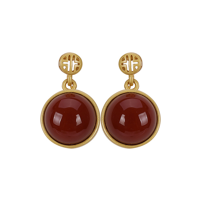 Bông tai nữ bạc S925 mạ vàng đính mã não đỏ và ngọc bích Hetian phong cách cổ điển — Kiểu Sapphire
