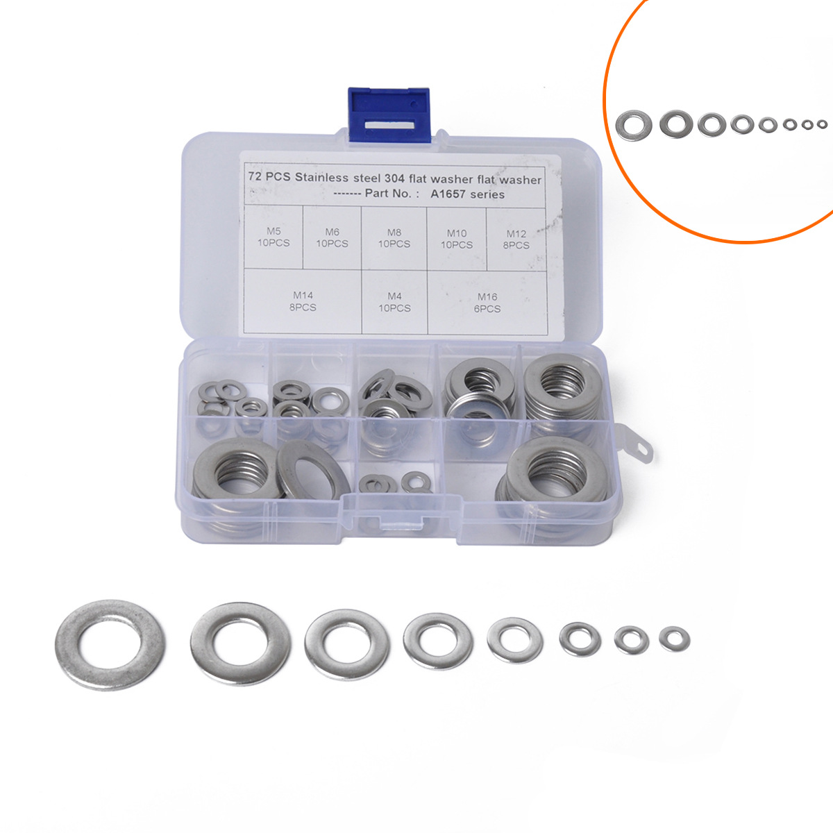 跨境热销-72只盒装8种规格 圆型超薄不锈钢金属平垫片/垫圈M4-M16