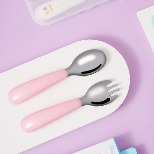 304 children's portable tableware stainless steel set cartoon spoon fork baby learning training spoon household fork spoon