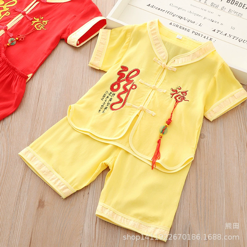 Костюм Тан в китайском стиле для мальчиков, 2020 год, из хлопка и шелка, с короткими рукавами, с двойным изображением цилин (единорога), для выступлений