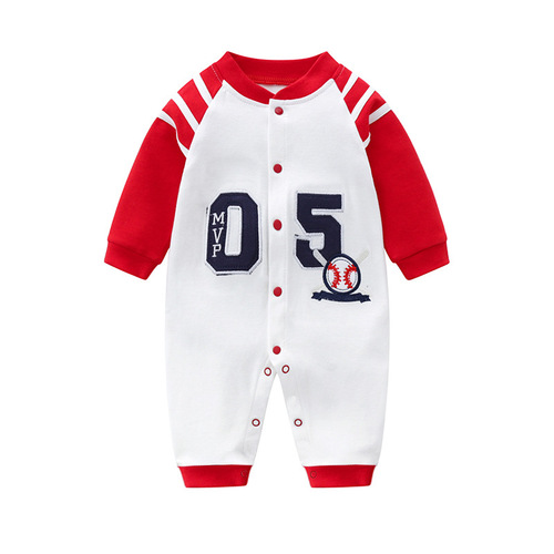 Baseball uniform for baby boys, one-piece baby clothes for 0-1 years, spring and autumn pure cotton long-sleeved onesie, spring suit, crawling suit