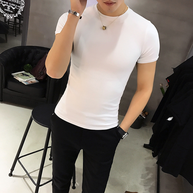 여름 순면 키 큰 라운드 넥 타이트 반팔 티셔츠 단색 작은 하이 넥 심플 모든 매치 남성용 슬림핏 반팔 화이트 티셔츠