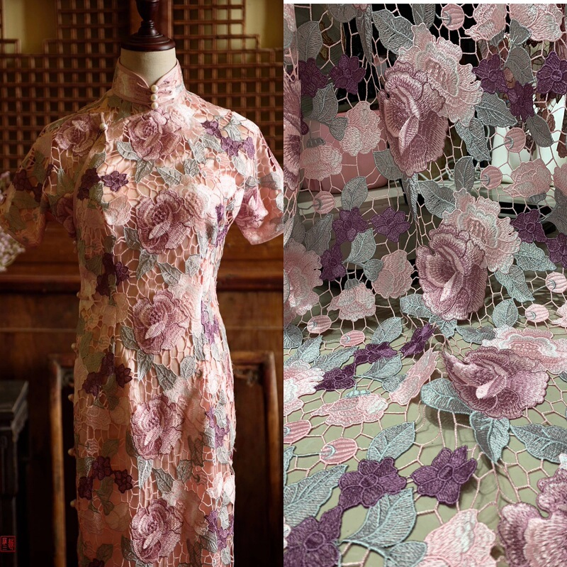 Spring Summer High Quality Full Water Soluble Peony Flower Embroidered Lace Fabric High Set Designer Cheongsam Dress Fashion Cloth