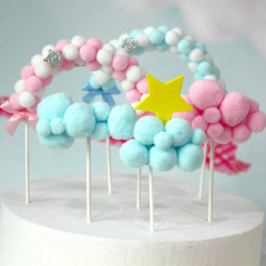Ins pom pom arch bridge insert card gold powder five-pointed star bow blue pink birthday cake pompom paper stick flag hot sale