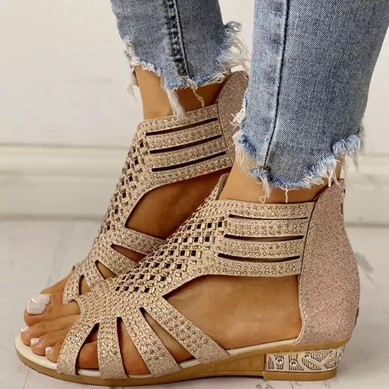 summer sandals open toe with rhinestones wedge heel flat