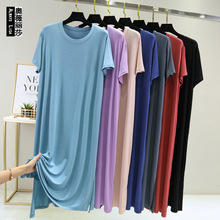 夏季薄款莫代尔圆领短袖连衣裙宽松长款侧开叉半袖加大码居家睡裙