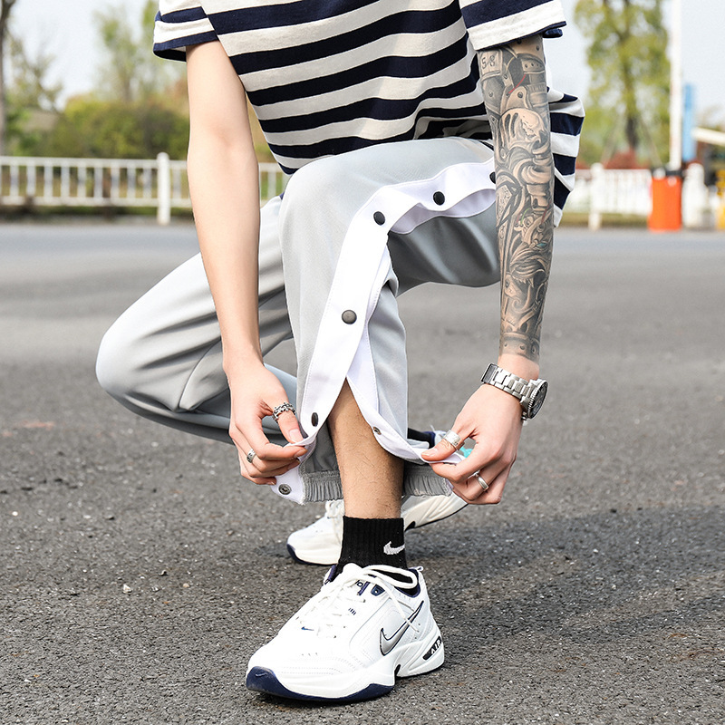 Basketball breasted training pants open-button pants warm-up quick-off outing pants black wide-leg pants sports ankle-length ankle-tied pants men