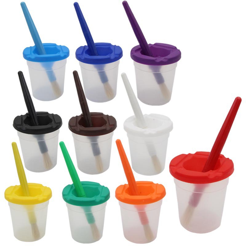 Taza de lavado de lápices de 10 colores transfronteriza Taza de color anti-vertido de plástico Pincel de aceite para niños Graffiti Pincel de melena de cerdo de 10 colores al por mayor