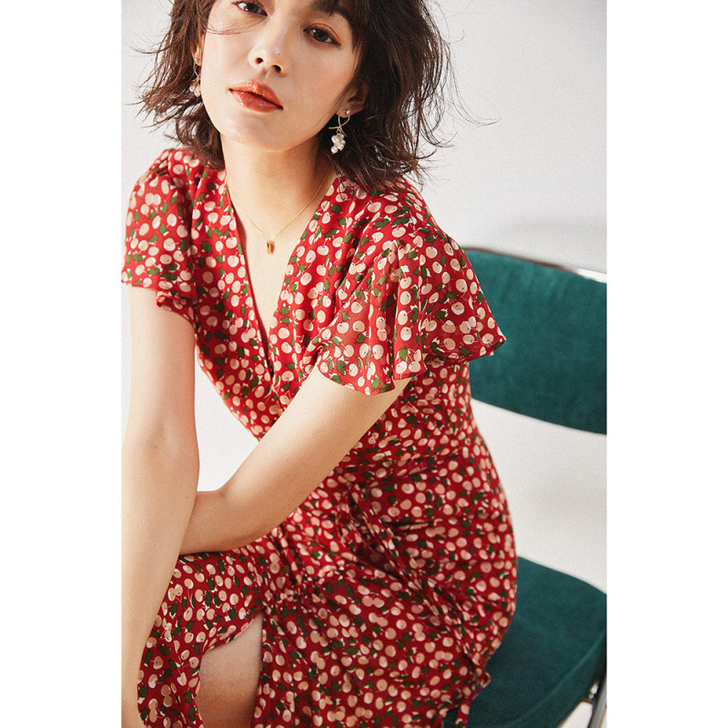 Summer New Style French Fresh Pleated Fishtail Floral V-Neck Slimming Mid-Length Dress 7532