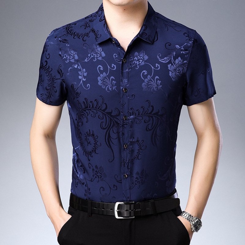 Men's Shirt Non-ironing Matching Embroidered Middle-aged and Elderly Business Casual Short-sleeved Shirt Lining with Pattern Soil Shirt Shirt