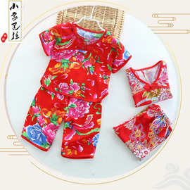儿童睡衣绵绸七分袖家居服女童民族风汉服套装小女孩两件套