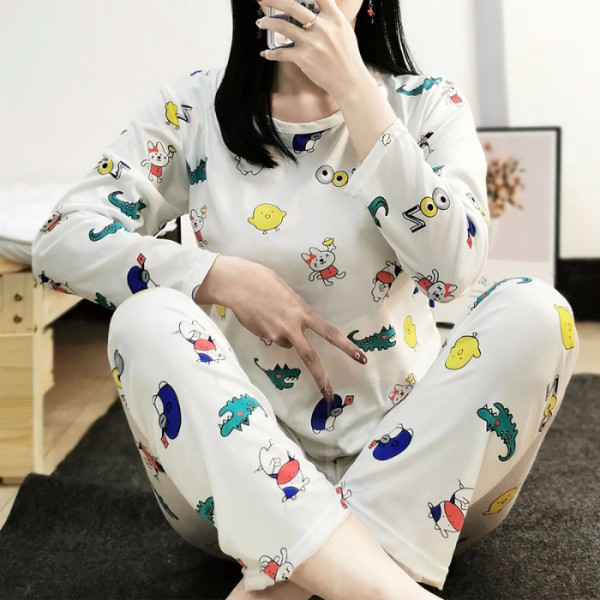 Autumn long sleeve fashion version cartoon pajamas women's long sleeve Spring and Autumn full crocodile suit loose to increase a generation of hair