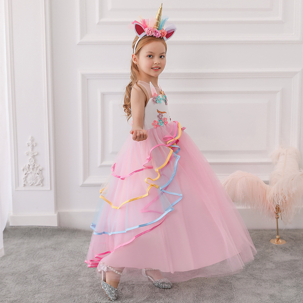 Amazon europeo y americano transfronterizo niñas vestido ins unicornio princesa vestido largo vestido de niña de las flores de los niños