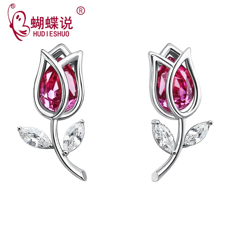 Серьги (HUDIESHUO) серебро 925, европейский стиль, тюльпан с цветным камнем