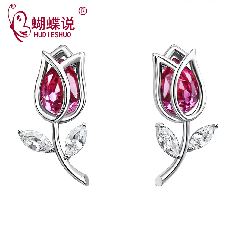 Серьги (HUDIESHUO) серебро 925, европейский стиль, тюльпан с цветным камнем