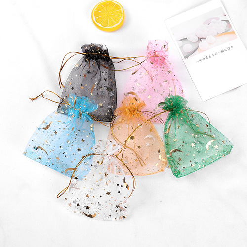 Cross-border supply star and moon gauze bag drawstring gift bag jewelry candy Christmas gift packaging gilding star and moon gauze bag