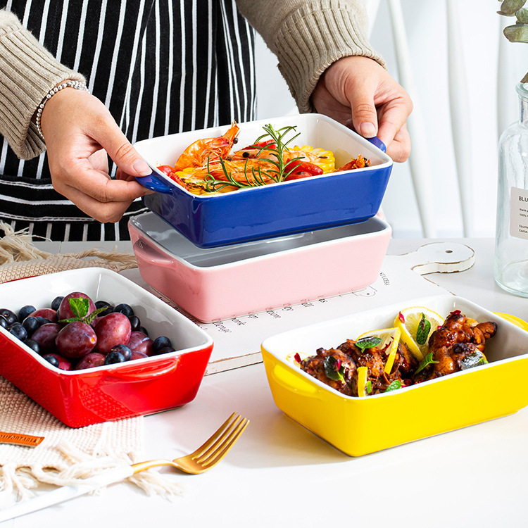 Scandinavian Style Double-Ear Baking Pan Ceramic Macaron Cheese Baked Rice Plate Rectangular Western Pasta Plate Chicken Wing Baking Bowl