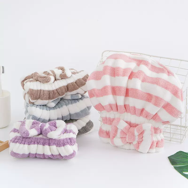 新款涤锦条纹干发帽 珊瑚绒浴帽抖音一件代发 吸水快干包头巾