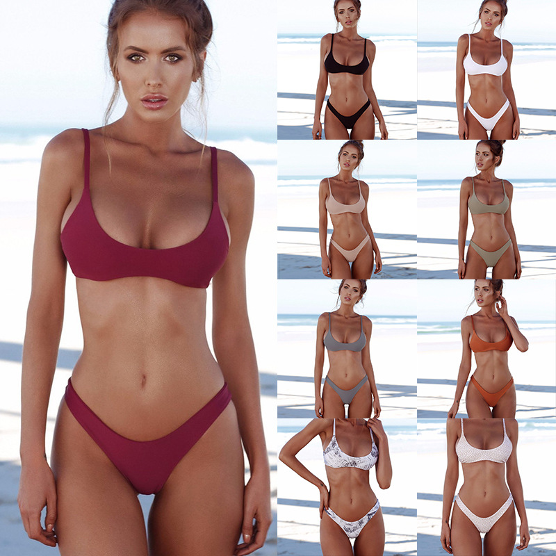 Women's Clothing Women's Sexy Solid Color Two Piece Bikini Set European American Style Triangle Wading Sports Swimsuit_voghion.com