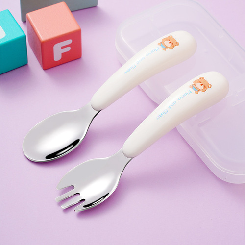 304 children's portable tableware stainless steel set cartoon spoon fork baby learning training spoon household fork spoon