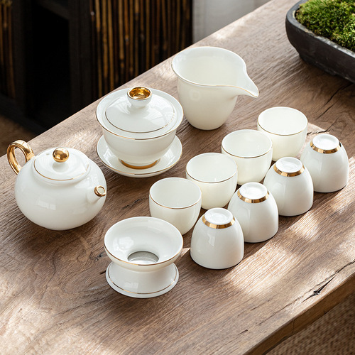 Suet-fat jade tea set high-end gift complete set Kung Fu teacup teapot lid bowl white porcelain complete set gift box customization