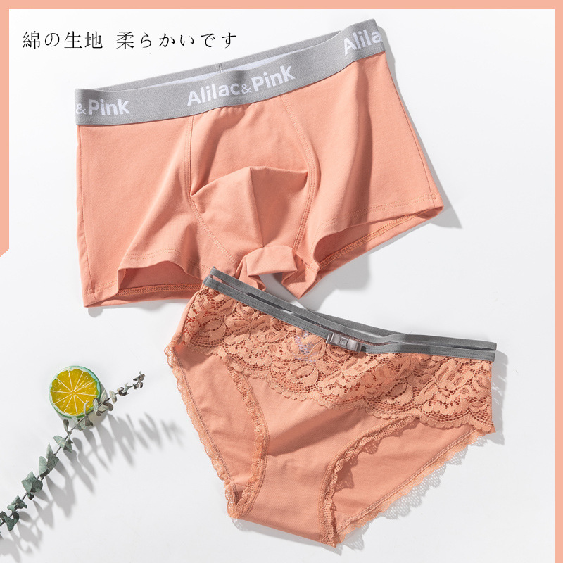 Factory Supplies Lace Edge Pure Cotton Couple Underwear Mid-Waist Large Size Cotton Men's Boxer Briefs Women's Briefs Wholesale Soft