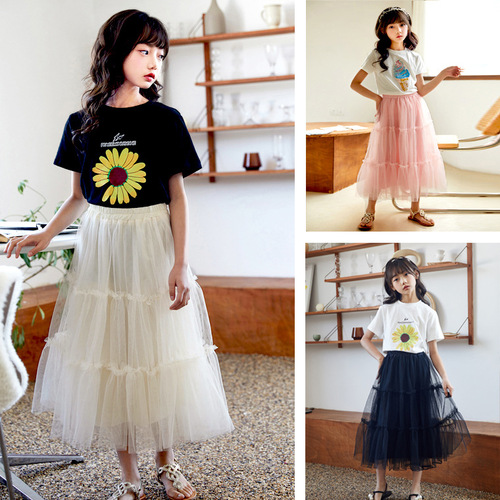 New fashion children's mesh patchwork ruffled clothing skirt set, ins-style fairy dress, drop shipping