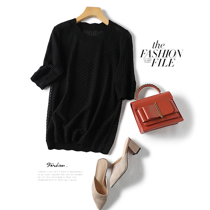 Гонконг Ми [хорошее качество как повторный клиент] Модный Интеллектуальный полый жаккардовый тонкий свитер с коротким рукавом Футболка