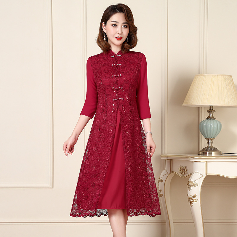 Spring and Summer New Style Middle-Aged Mother's Cheongsam Dress Plus Size Women's Mid-Length Elegant Jacquard Wedding Banquet Slim Fit