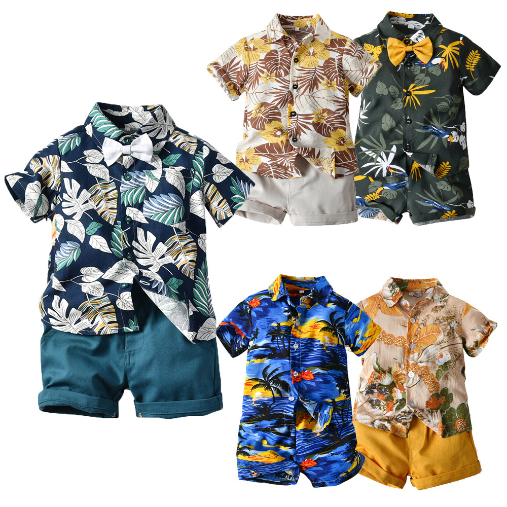 Camisa floral de manga corta de verano, pantalones cortos para niños, bebé casual de dos piezas, ropa para niños de comercio exterior, ropa de playa multicolor, lote caliente