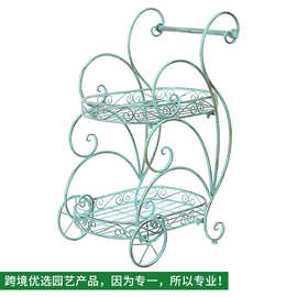 北欧复古薄荷绿精致手推车造型铁艺花架户外庭院花园花盆架