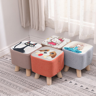 Simple Modern Cotton and Linen Printed Small Stool Wooden Sofa Stool Printable logo Fabric Round Pier Shoe Changing Stool Removable and Washable
