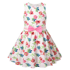 2024夏季新款女童歐美碎花禮服連衣裙 中大童無袖棉質印花連衣裙