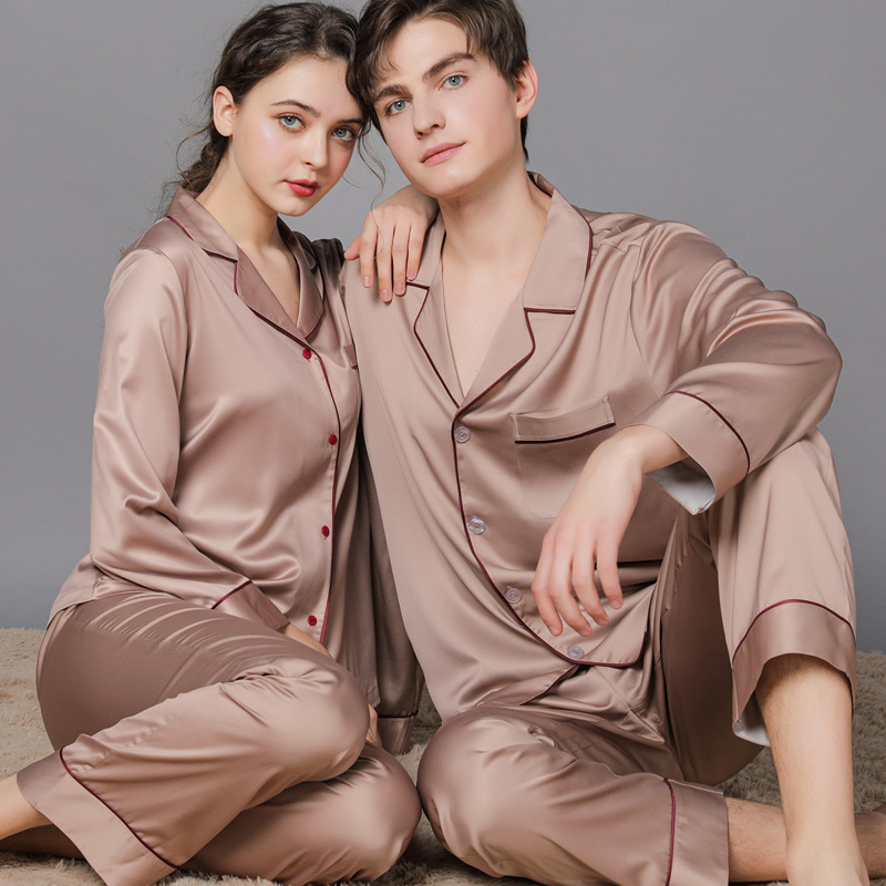 New Spring and Autumn Silk Couple Pajamas Women's Autumn Ice Silk Men's Pajamas Home Clothes Long Sleeve Large Size Suit