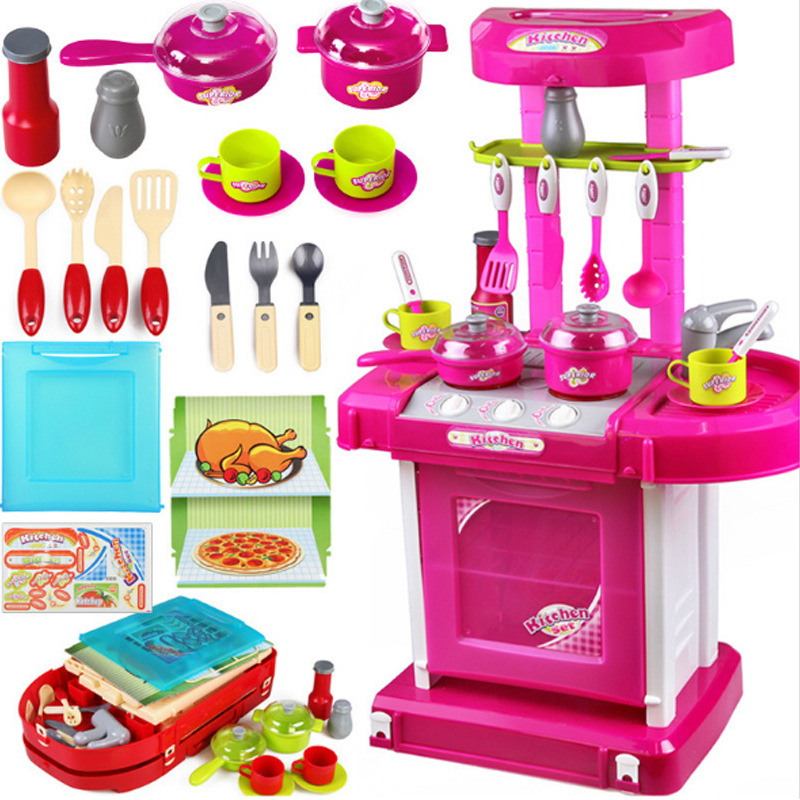 Fábrica al por mayor de los niños de simulación de cocina play House juguetes traje caja de almacenamiento portátil con luz efecto de sonido Juguetes